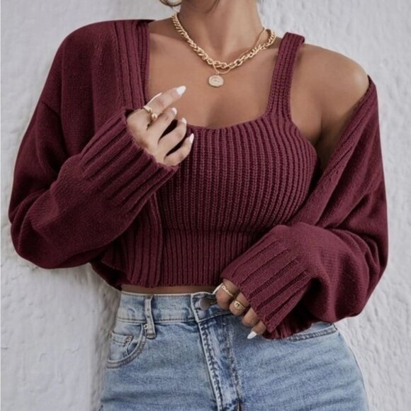Shein Burgundy 2 Two piece Cropped Tank Top  Cami Sweater Cardigan L - Picture 1 of 14